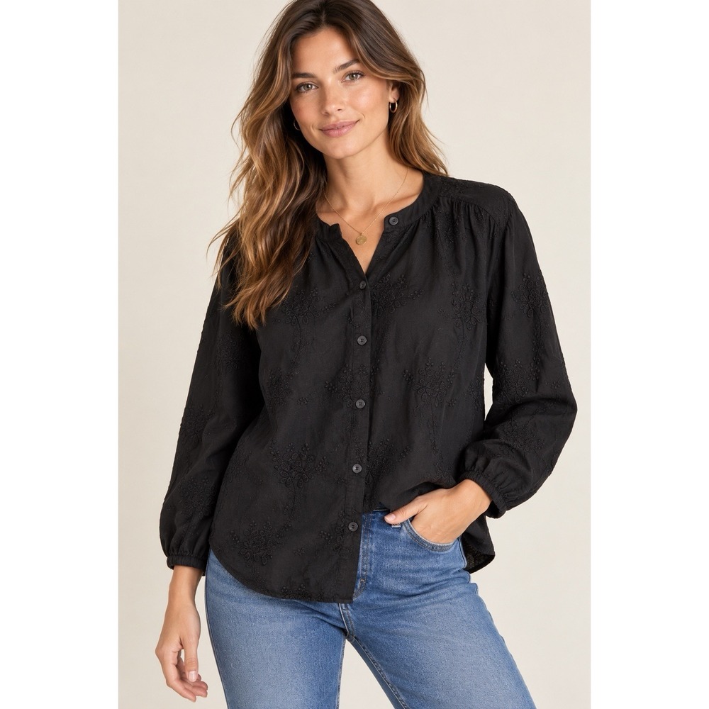 Calypso St Barth Blouse Medium Black Embroidered Cotton Button Boho Peasant Top